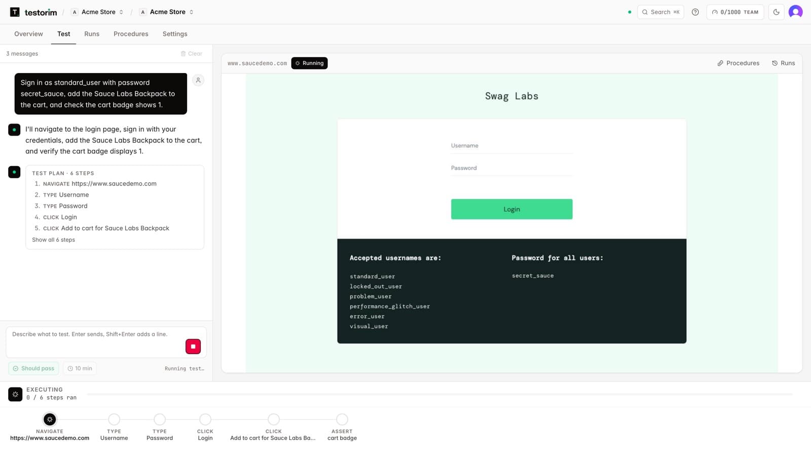Testorim's agent mid-run: the plain-English request and the six-step plan it wrote on the left, the live browser signing in to a demo store on the right.