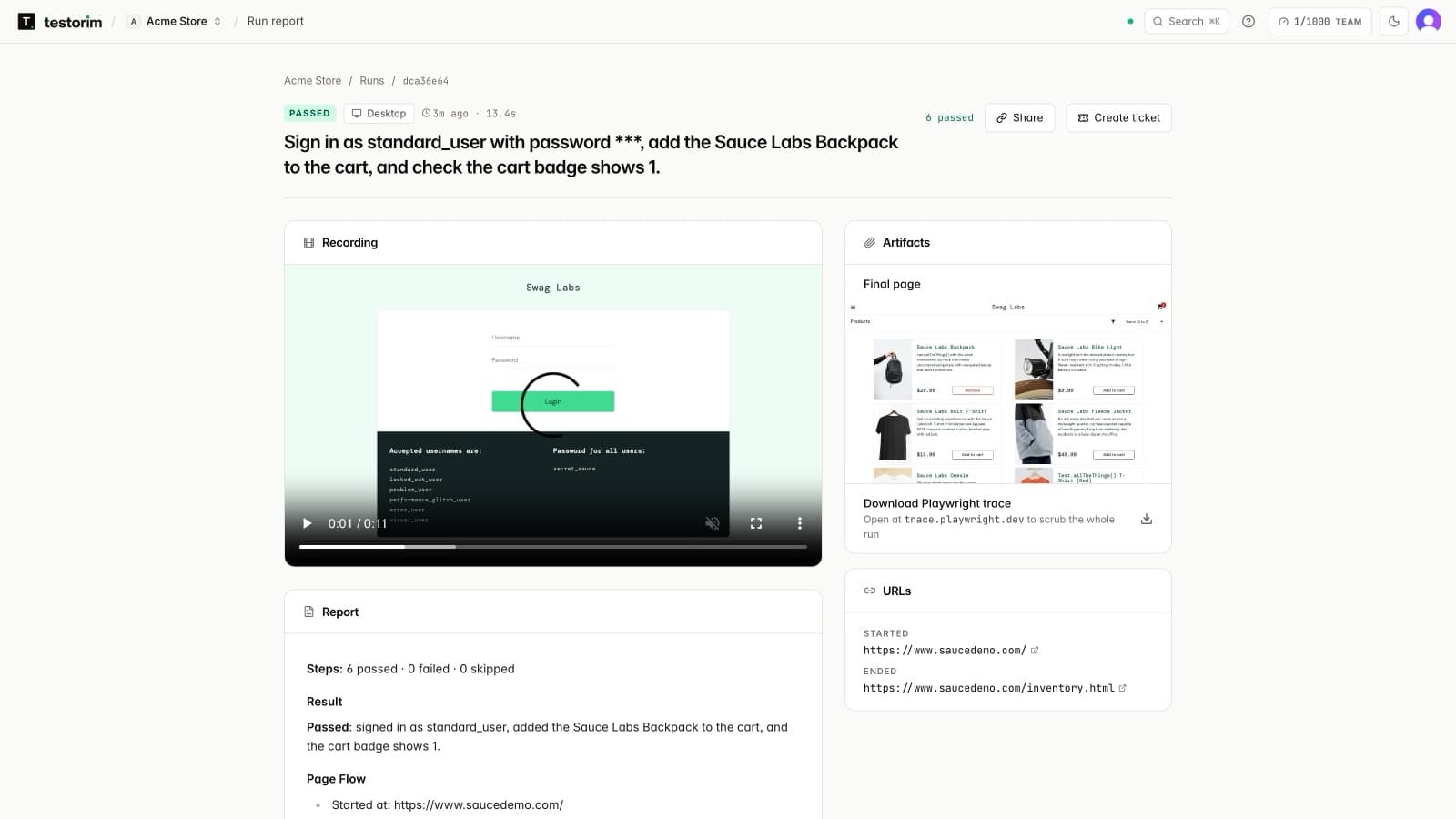 A Testorim run page: the recording of the run, the final page screenshot, a Download Playwright trace link, the start and end URLs, and Share and Create ticket buttons.