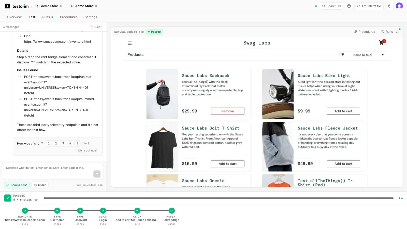 A passed Testorim run: all six steps green with their timings, the store's cart showing 1, and the report listing failed third-party network requests the page made.
