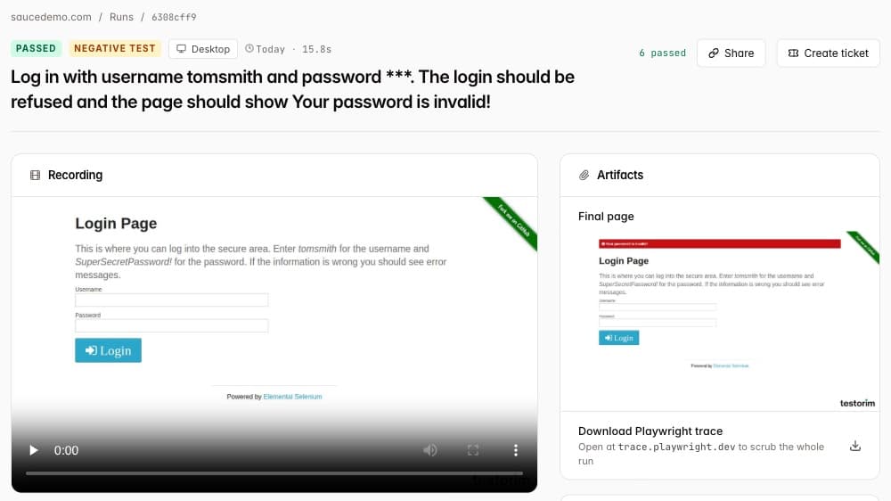 A passed negative test: a login with the wrong password was refused, as the test expected.