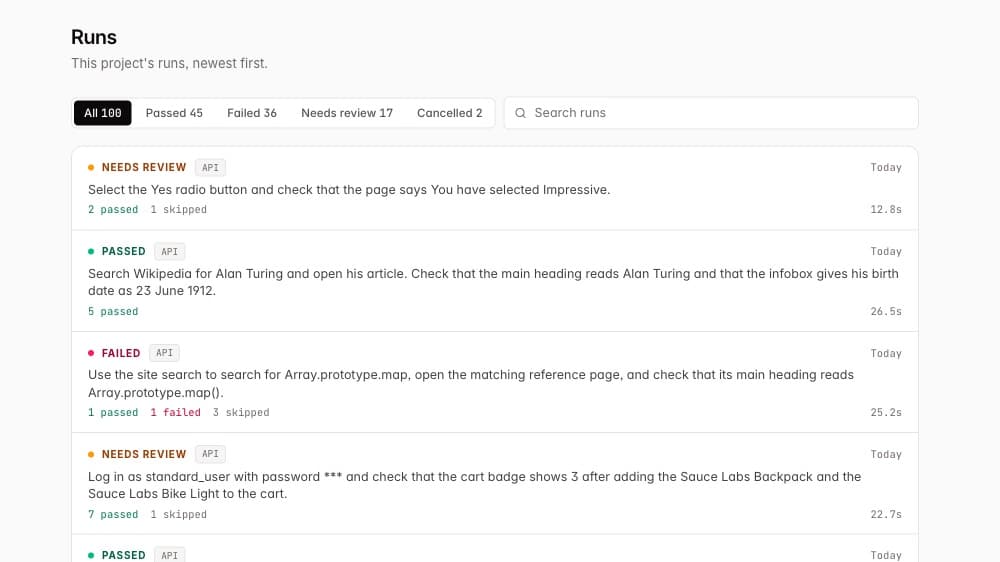 A project's runs: plain-English tests marked passed, failed or needs review.